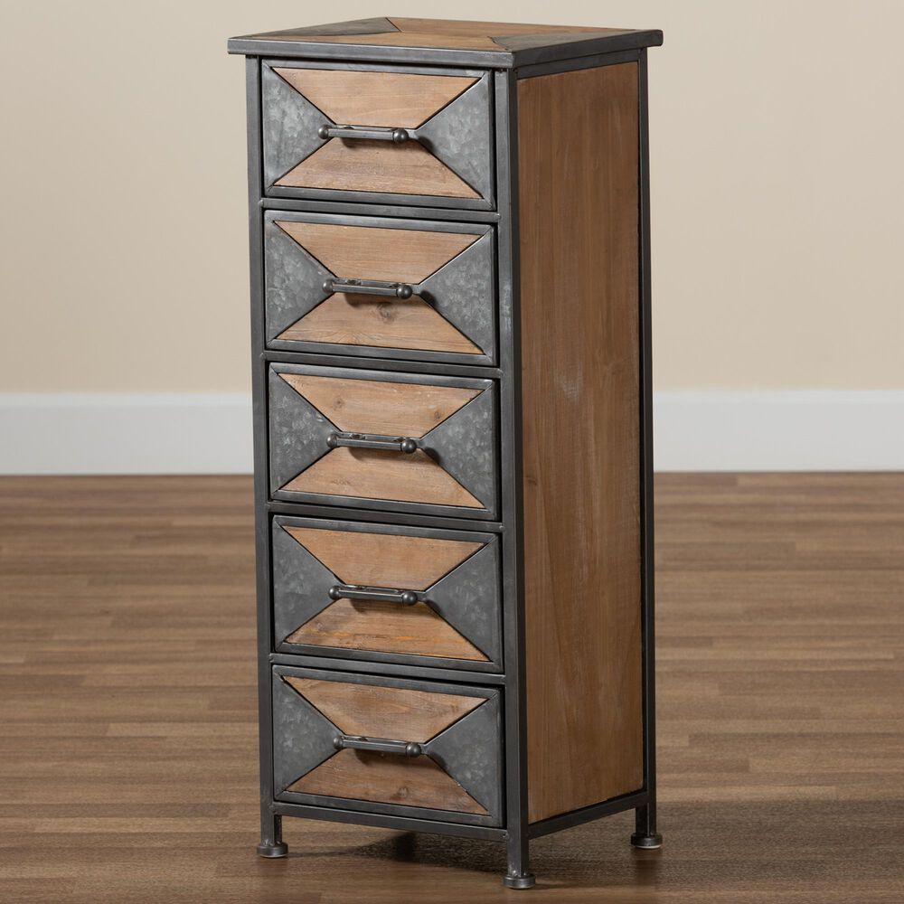 Baxton Studio Laurel 5-Drawer Accent Storage Cabinet in Whitewashed Oak Brown and Antique Grey, , large