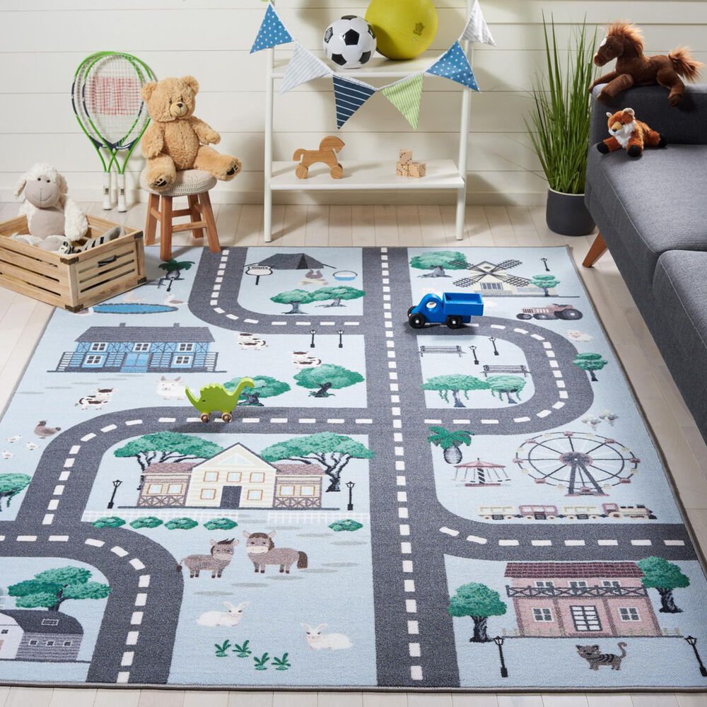 Safavieh Kids Playhouse KPH235M 3&#39;3&quot; x 5&#39;3&quot; Blue and Dark Grey Rug, , large