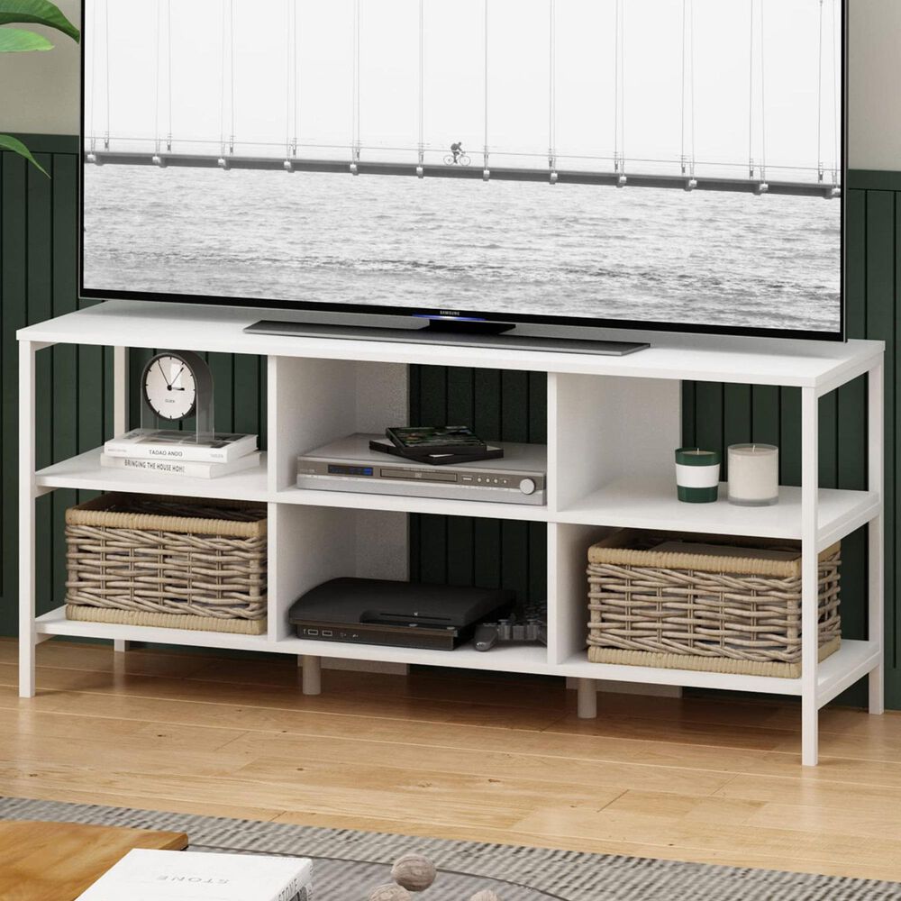 HOMLUX 53.2" TV Stand with 6 Open Shelves in White, , large