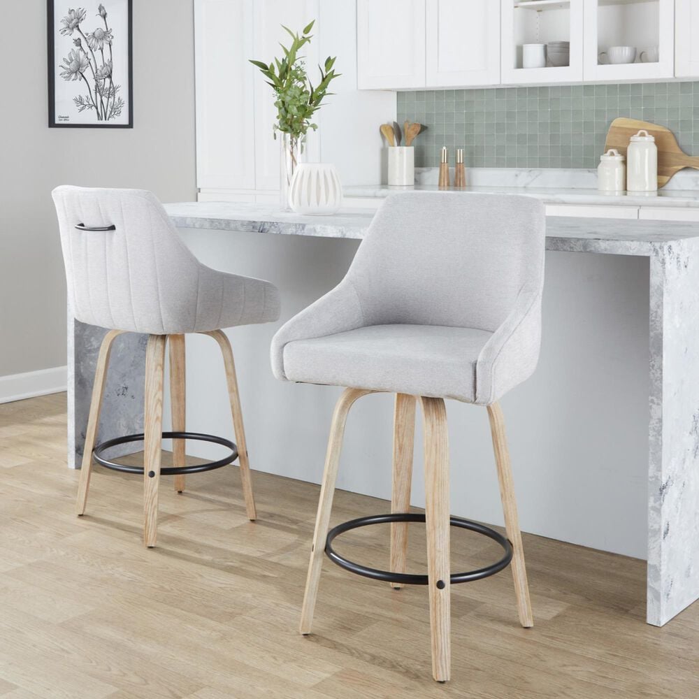 LumiSource Hannah Swivel Counter Stool with Grey Fabric Upholstery in Whitewashed and Black (Set of 2), , large