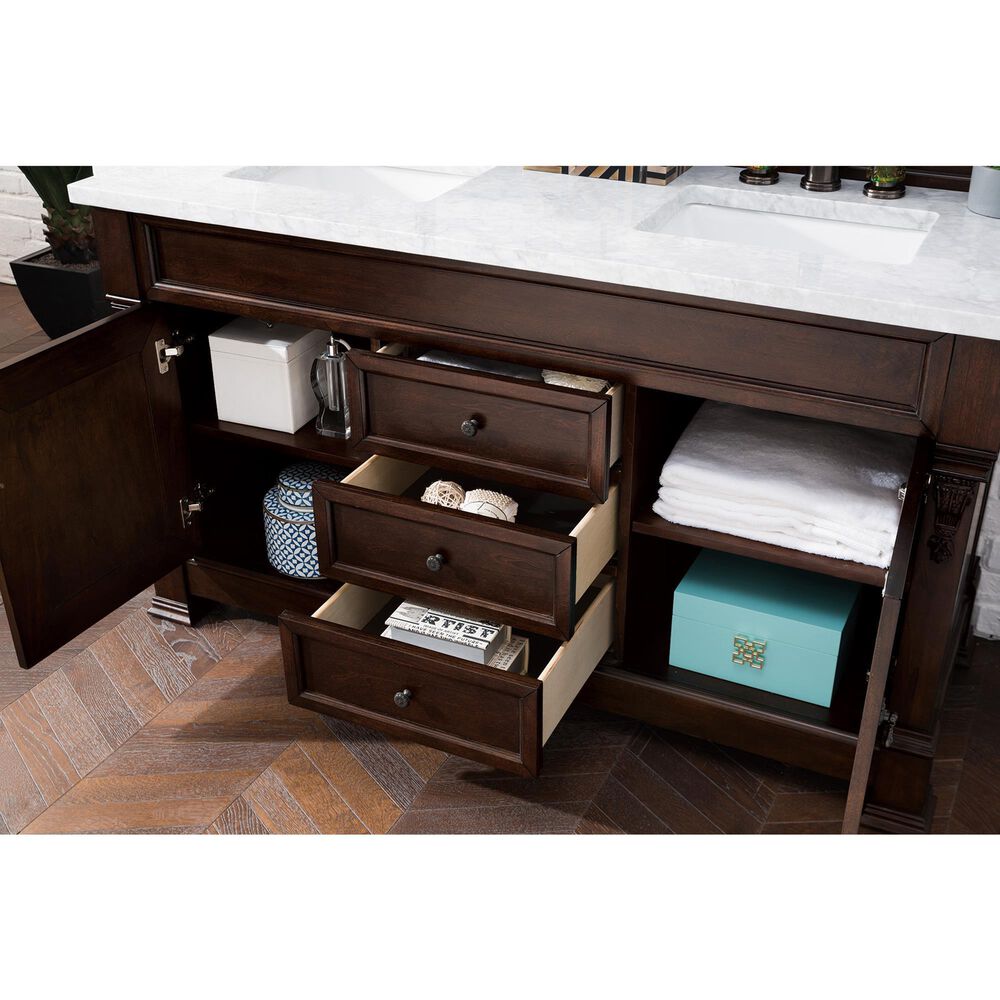 James Martin Vanities Brookfield 60&quot; Double Bathroom Vanity in Burnished Mahogany with 3 cm Carrara White Marble Top and Rectangle Sinks, , large