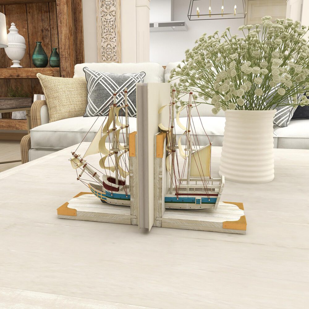 Maple and Jade Coastal Sail Boat Bookends in White Washed, Gold and Blue &#40;Set of 2&#41;, , large