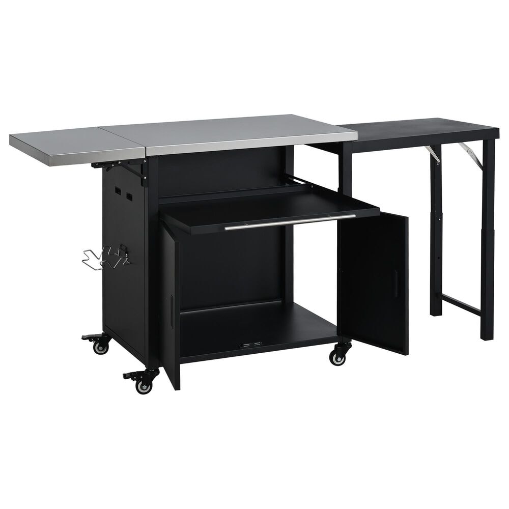 Hearth and Haven Outdoor Kitchen Island Cart with Dual Expandable Stainless Steel Tabletops in Black, , large
