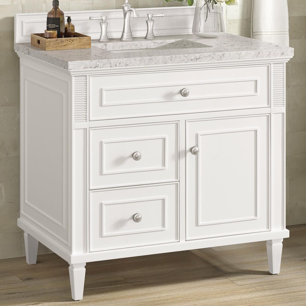 James Martin Vanities Lorelai 36&quot; Single Vanity in Bright White with 3 cm Eternal Jasmine Pearl Quartz Top, , large