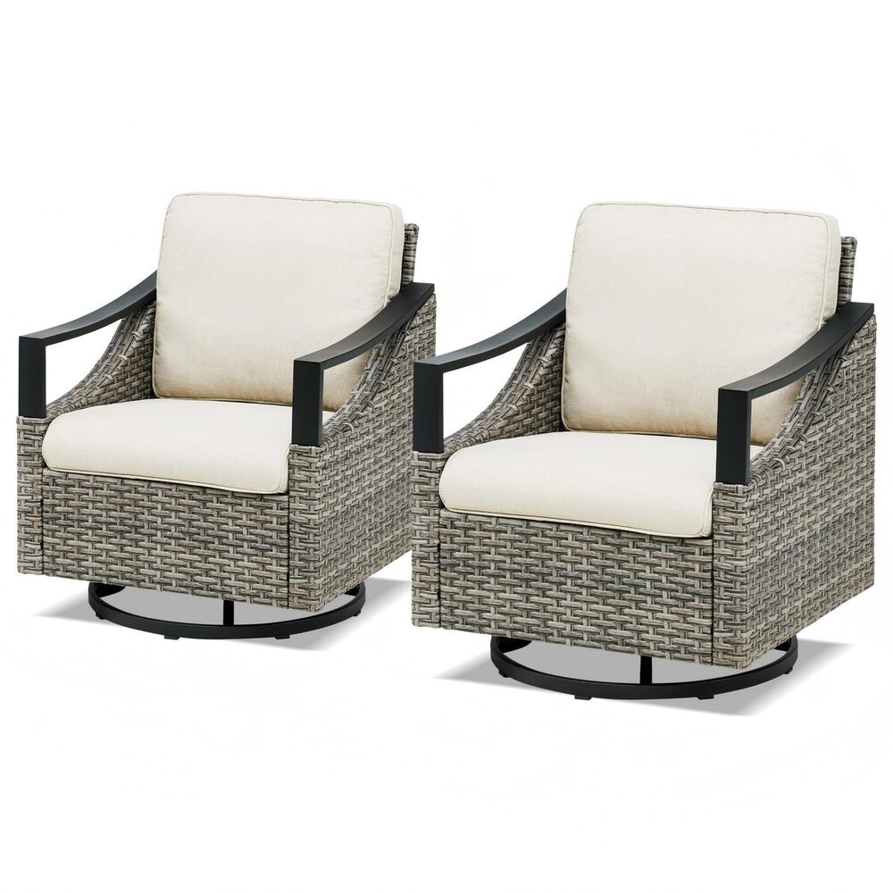 Sunwell Garden Patio Swivel Glider Chair with Gray Frame and Curved Cushion in Beige (Set of 2), , large