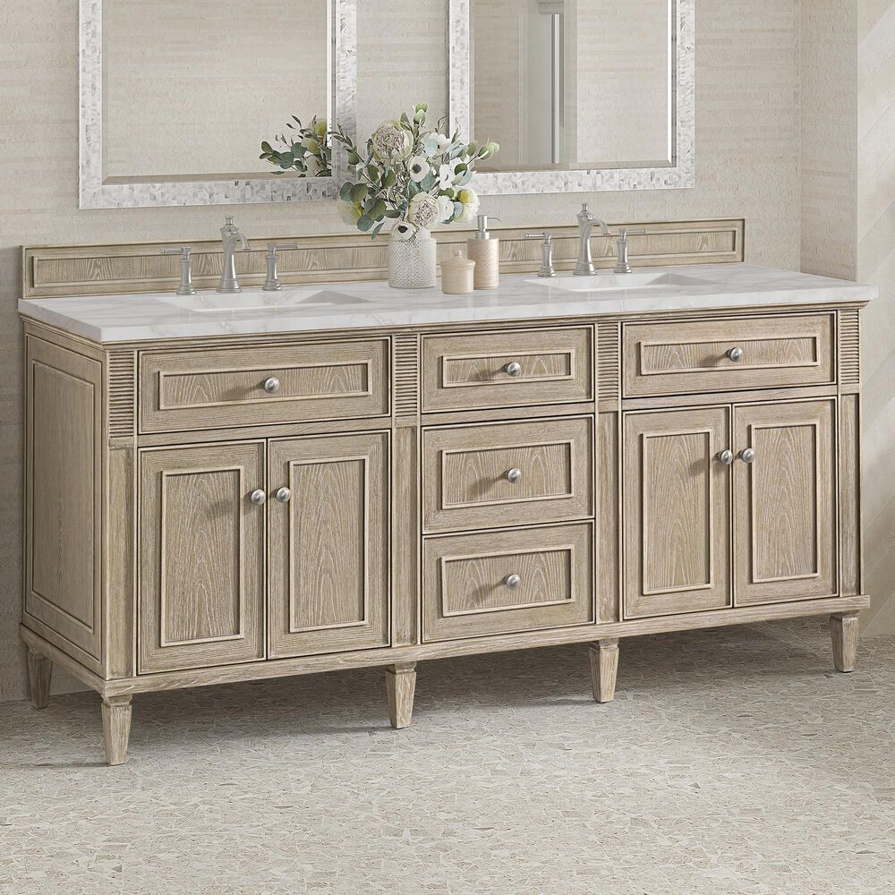 James Martin Vanities Lorelai 72" Double Bathroom Vanity in Whitewashed Oak with 3 cm Eternal Jasmine Pearl Silestone Top, Rectangular Sinks and FreePower Wireless Charger, , large