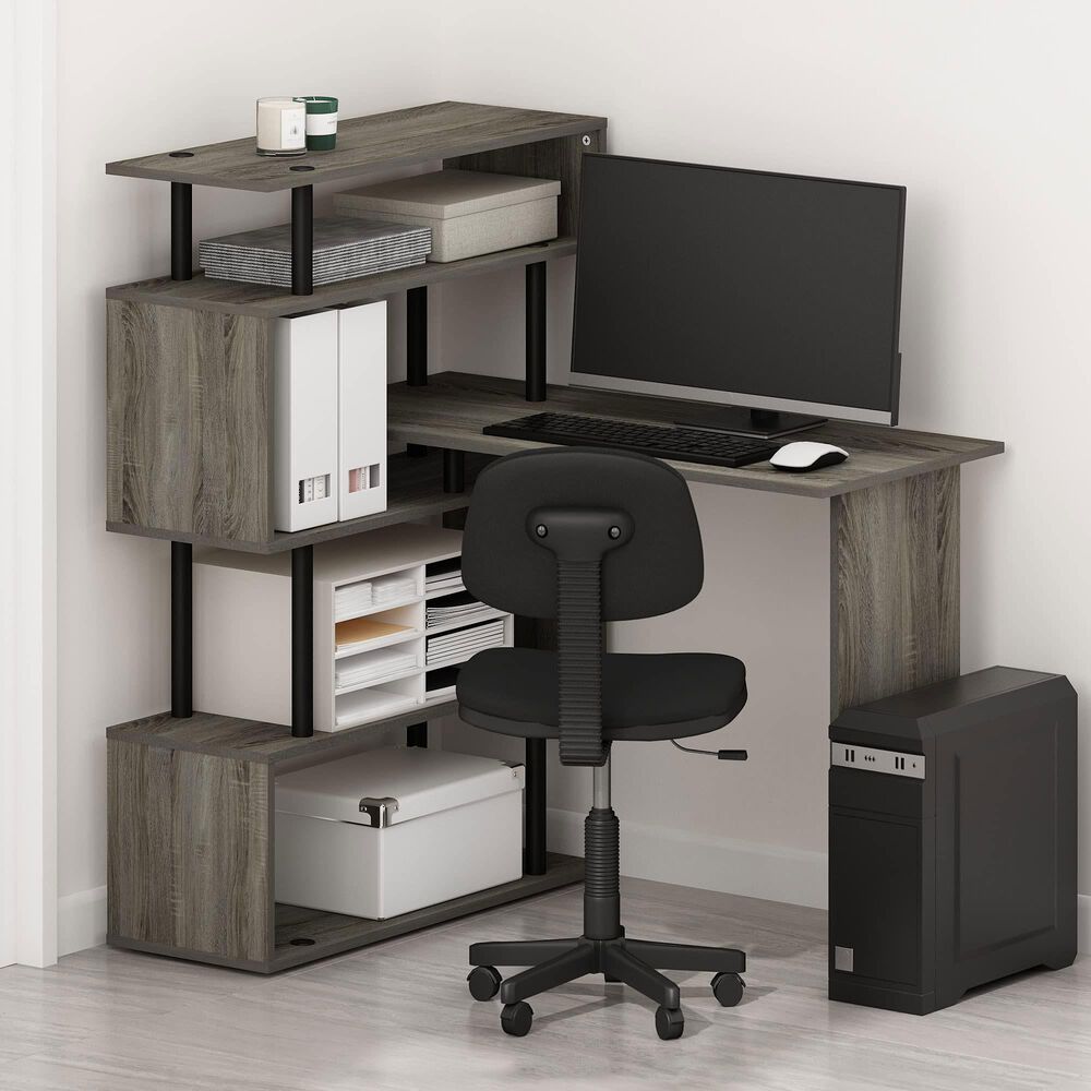 HOMLUX 5-Tier Shelves L-Shape Computer Desk in French Oak Grey and Black, , large