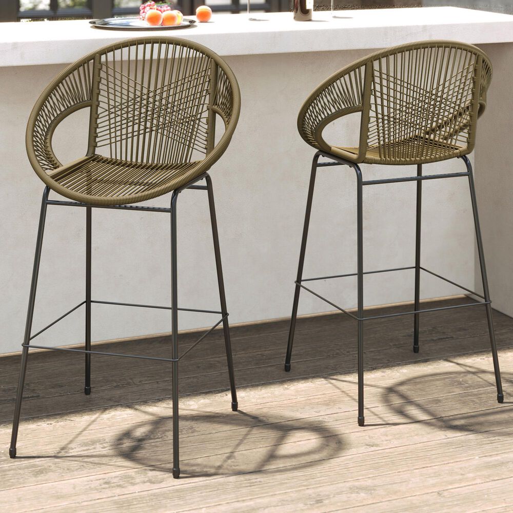Hearth and Haven Ferrara Outdoor Faux Wicker Barstool in Green (Set of 2), , large