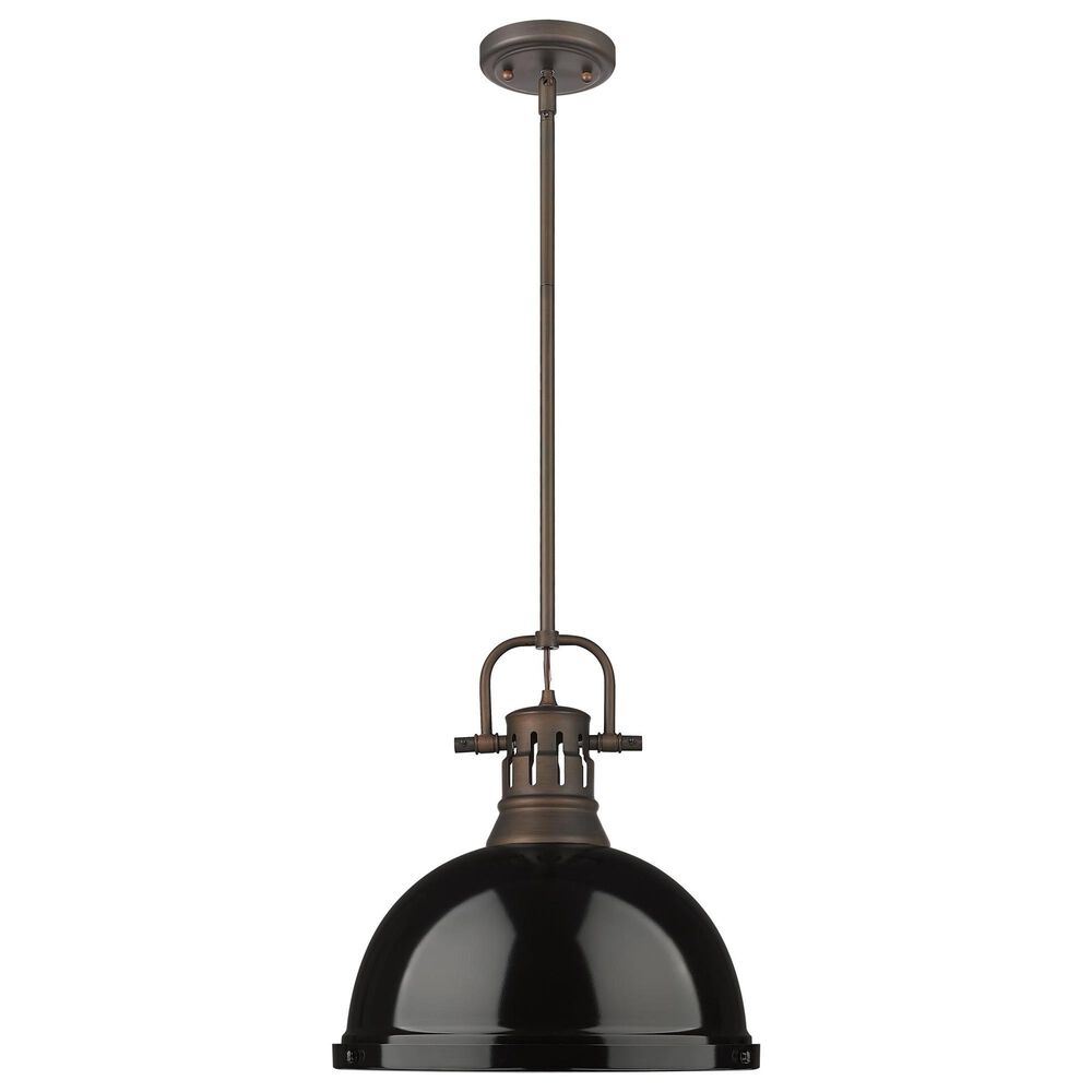Golden Lighting Duncan 1-Light Pendant with Rod and Black Shade in Rubbed Bronze, , large