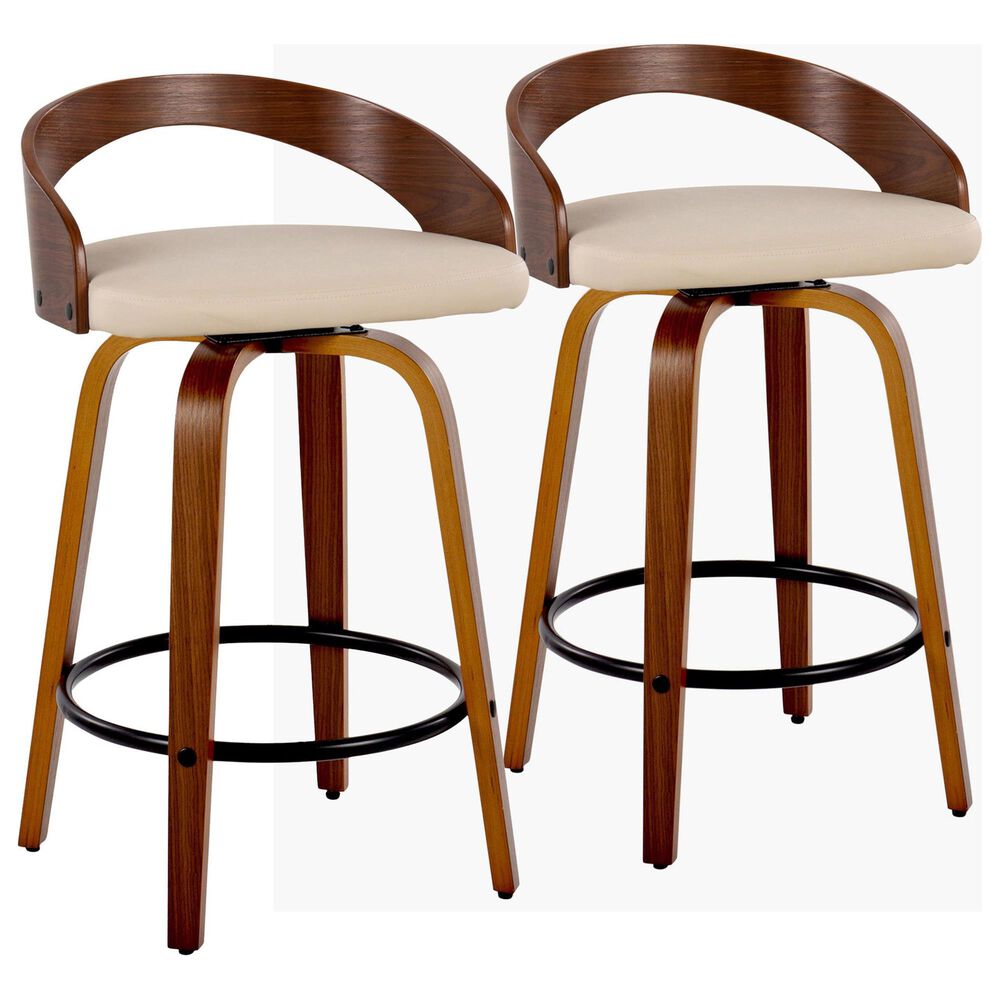 LumiSource Grotto 26" Swivel Counter Stool with Cream Faux Leather Upholstery in Walnut and Black (Set of 2), , large
