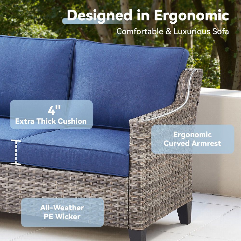 Hearth and Haven Outdoor Sofa with Cushions and Gray Wicker in Blue, , large