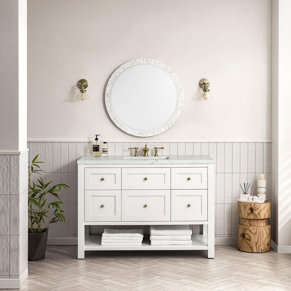 James Martin Breckenridge 48&quot; Single Bathroom Vanity in Bright White with 3 cm Carrara White Marble Top and Rectangular Sink, , large