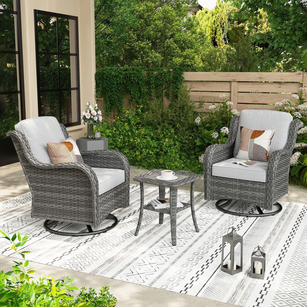 HOMLUX 3-Piece Patio Conversation Set with Curved-Arm Swivel Rocking Chairs and Light Gray Wicker in Gray, , large