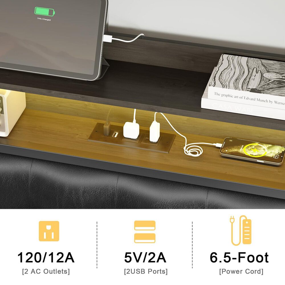 HOMLUX Twin Upholstered Bookcase Bed with LED Headboard with Charging Station in Black, , large