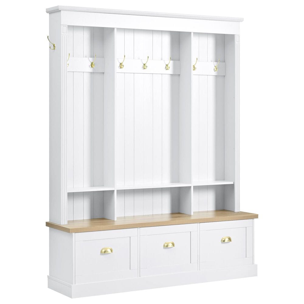 HOMLUX 9-Hook Hall Tree with 3-Cabinet in White and Natural, , large