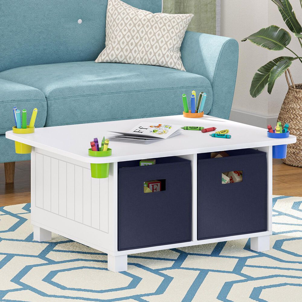 RiverRidge Home Kids Activity Table with 4 Cups and 2-Piece Navy Bins in White Painted, , large