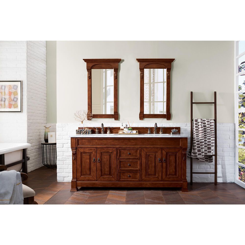 James Martin Vanities Brookfield 72&quot; Double Bathroom Vanity in Warm Cherry with 3 cm Carrara White Marble Top and Rectangle Sink, , large