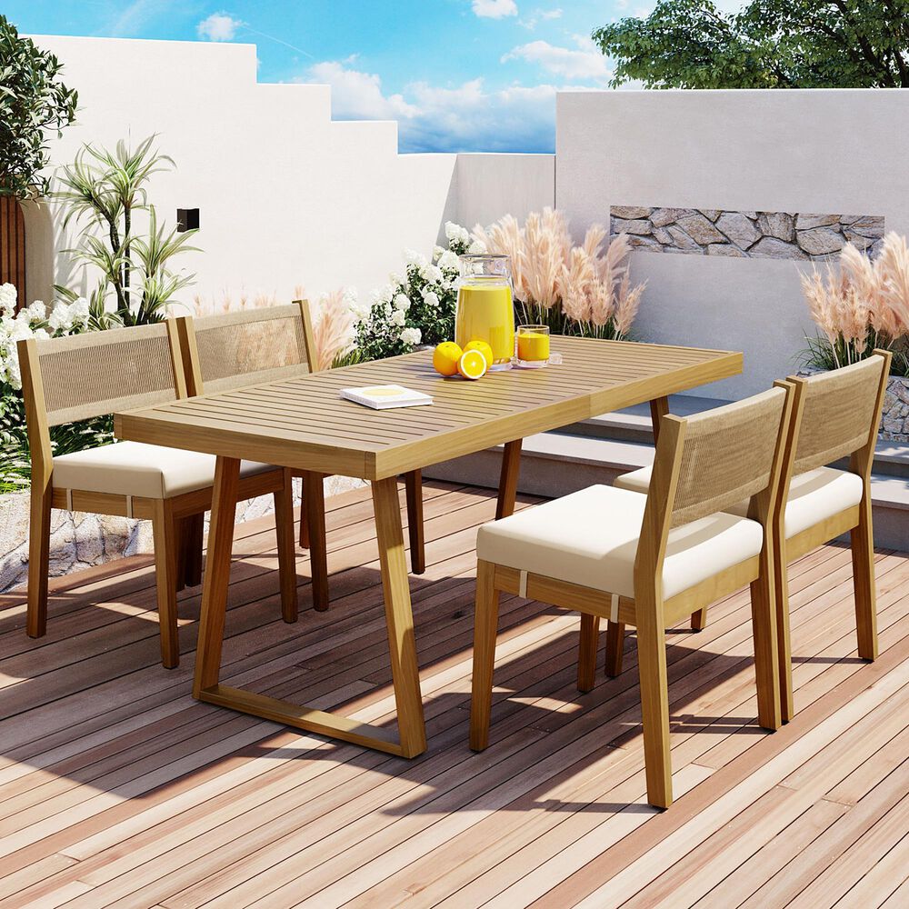 Hearth and Haven 5-Piece Outdoor Wooden Dining Set with U-Leg Table and Cushioned Chairs in Beige, , large