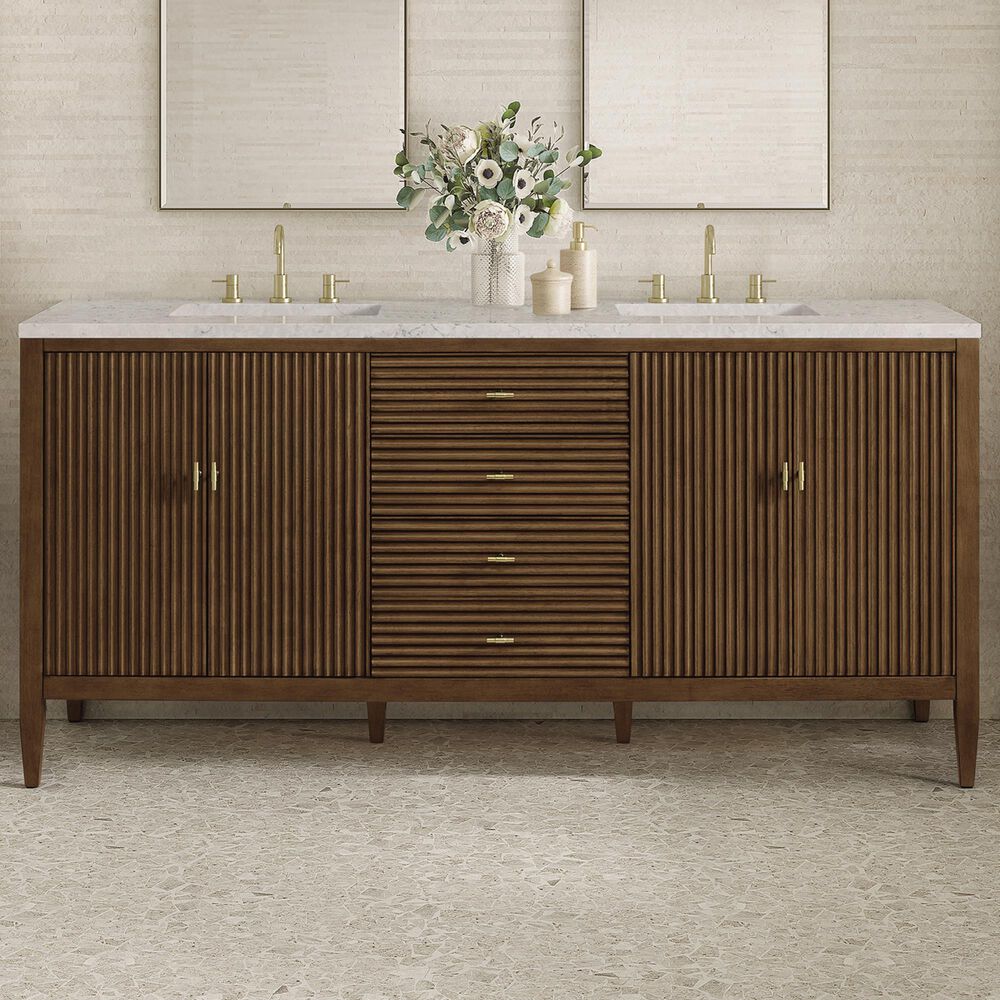 James Martin Vanities Myrrin 72" Double Vanity in Mid-Century Walnut with 3 cm Eternal Jasmine Pearl Quartz Top, , large