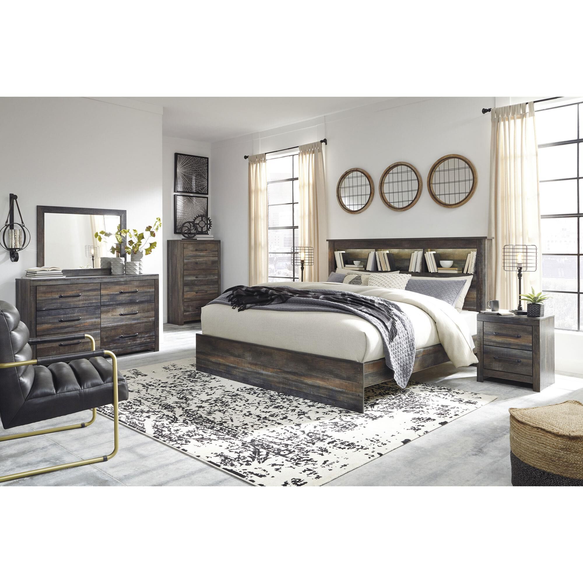 Ashley Drystan King Bookcase Bed in Rustic Brown with Lighting