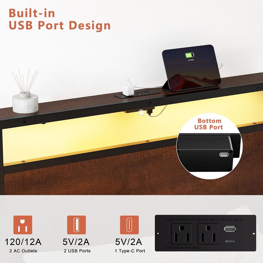 HOMLUX Twin Platform Bed with LED Headboard and Charging Station in Rustic Brown, , large