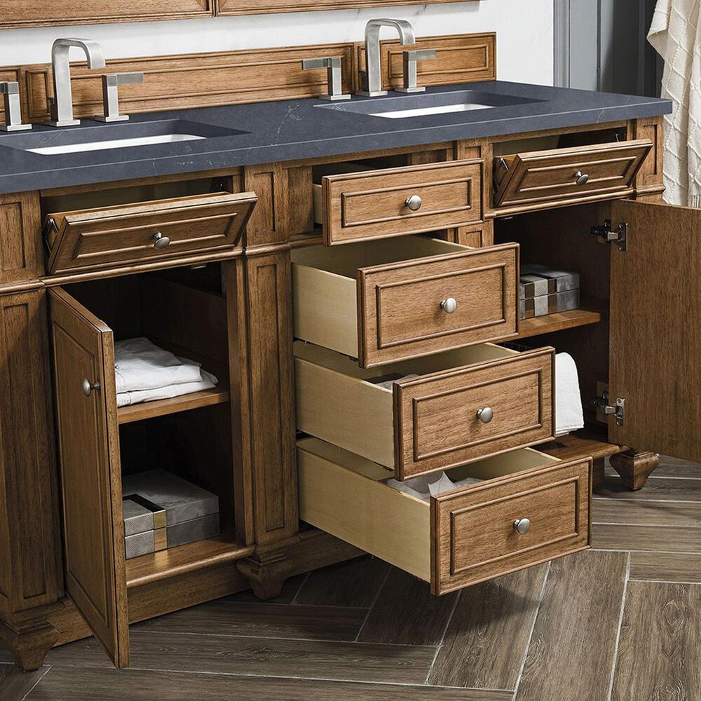 James Martin Vanities Bristol 60&quot; Double Bathroom Vanity in Saddle Brown with 3 cm Charcoal Soapstone Quartz Top and Rectangular Sinks, , large