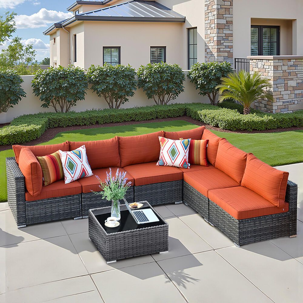 HOMLUX 7-Piece Patio Conversation Set with Grey Wicker in Orange Red, , large