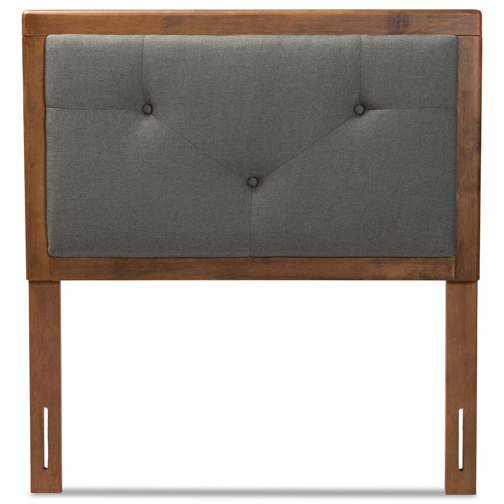 Baxton Studio Abner Twin Panel Headboard with Dark Grey Fabric in Walnut Brown, , large