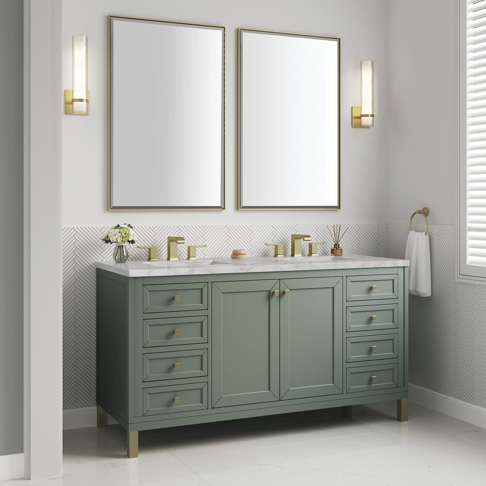James Martin Vanities Chicago 60" Double Bathroom Vanity in Smokey Celadon with 3 cm Eternal Jasmine Pearl Silestone Top, Rectangular Sinks and FreePower Wireless Charger, , large