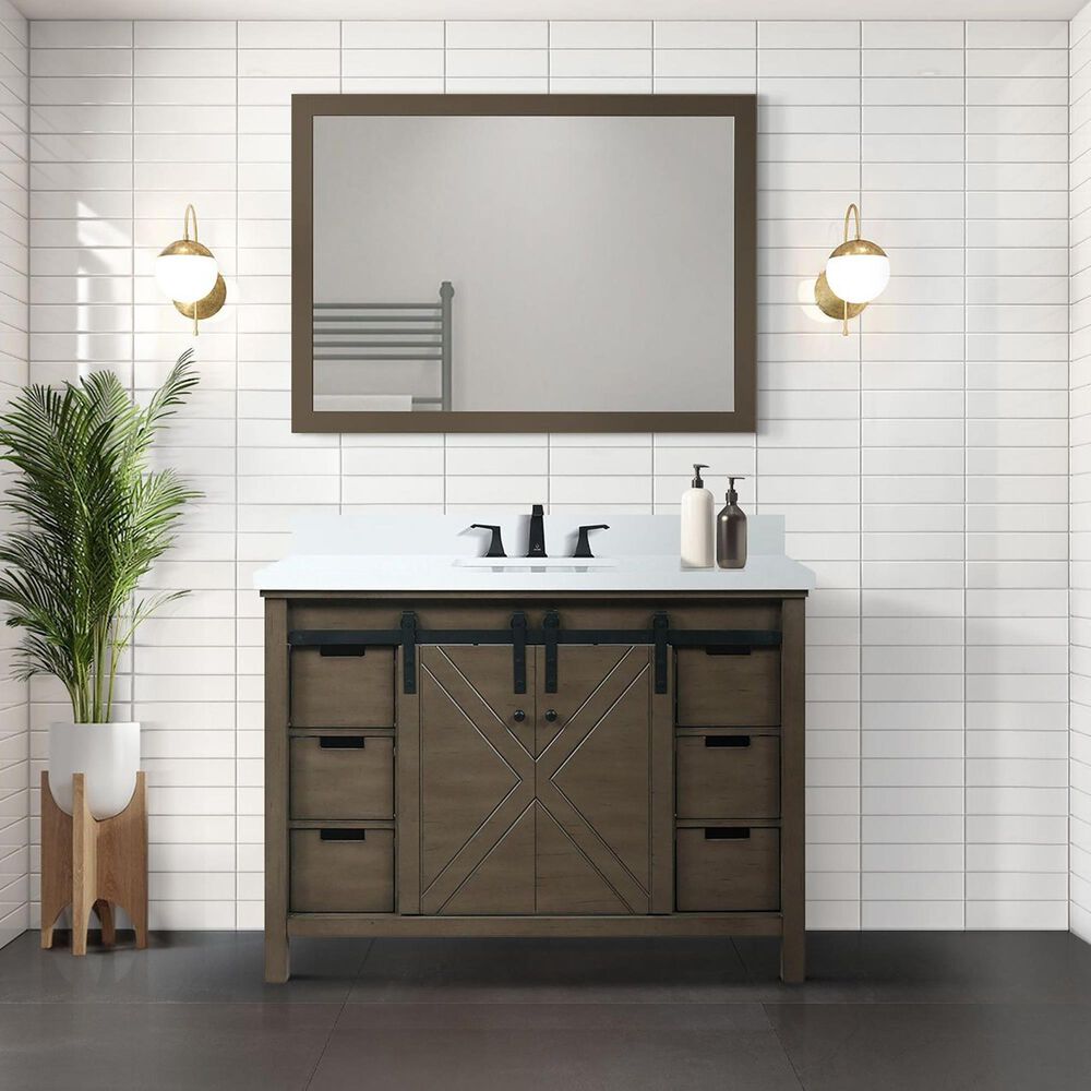 Lexora Home Marsyas 48&quot; Single Bathroom Vanity in Rustic Brown with White Cultured Marble Top and and Rectangular Sink, , large