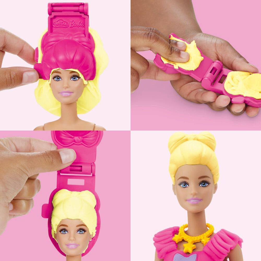 PlayDoh Barbie Ruffles and Bows Doll Set with Three Modeling Doughs in Yellow and Pink, , large