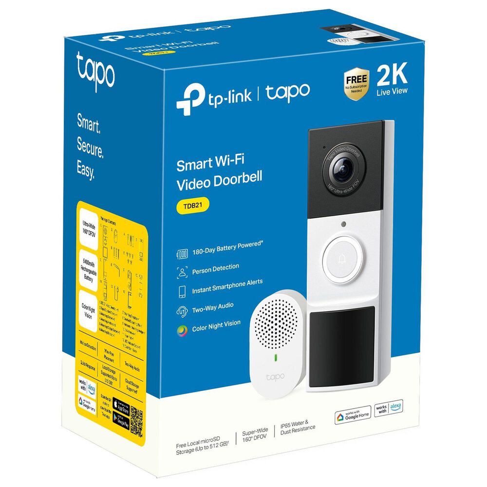 TP-Link Tapo 2K Smart Wi-Fi Doorbell Camera in White, , large