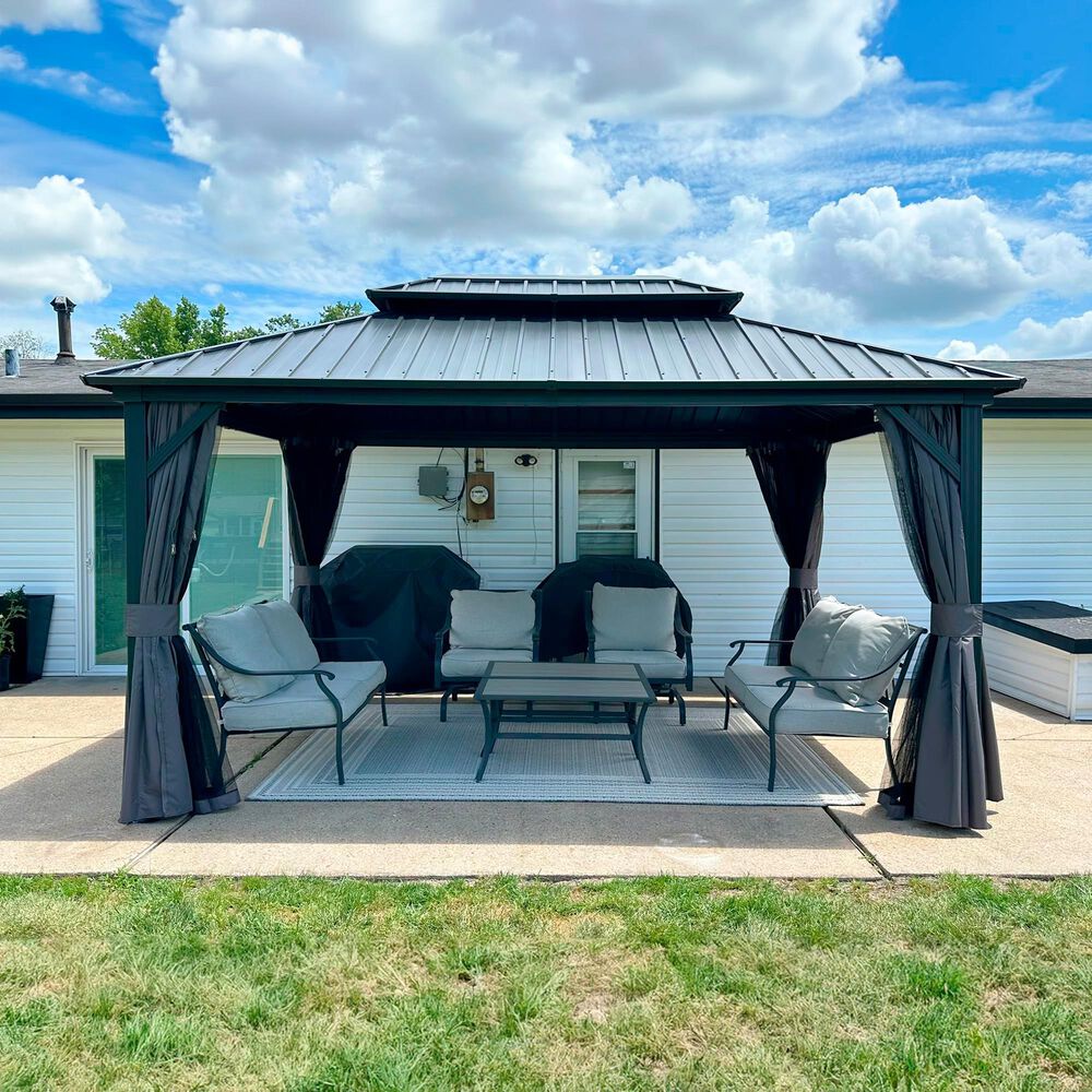 HOMLUX 10' x 14' Outdoor Hardtop Gazebo with Galvanized Steel Roof, Netting, and Curtains, Gray, , large