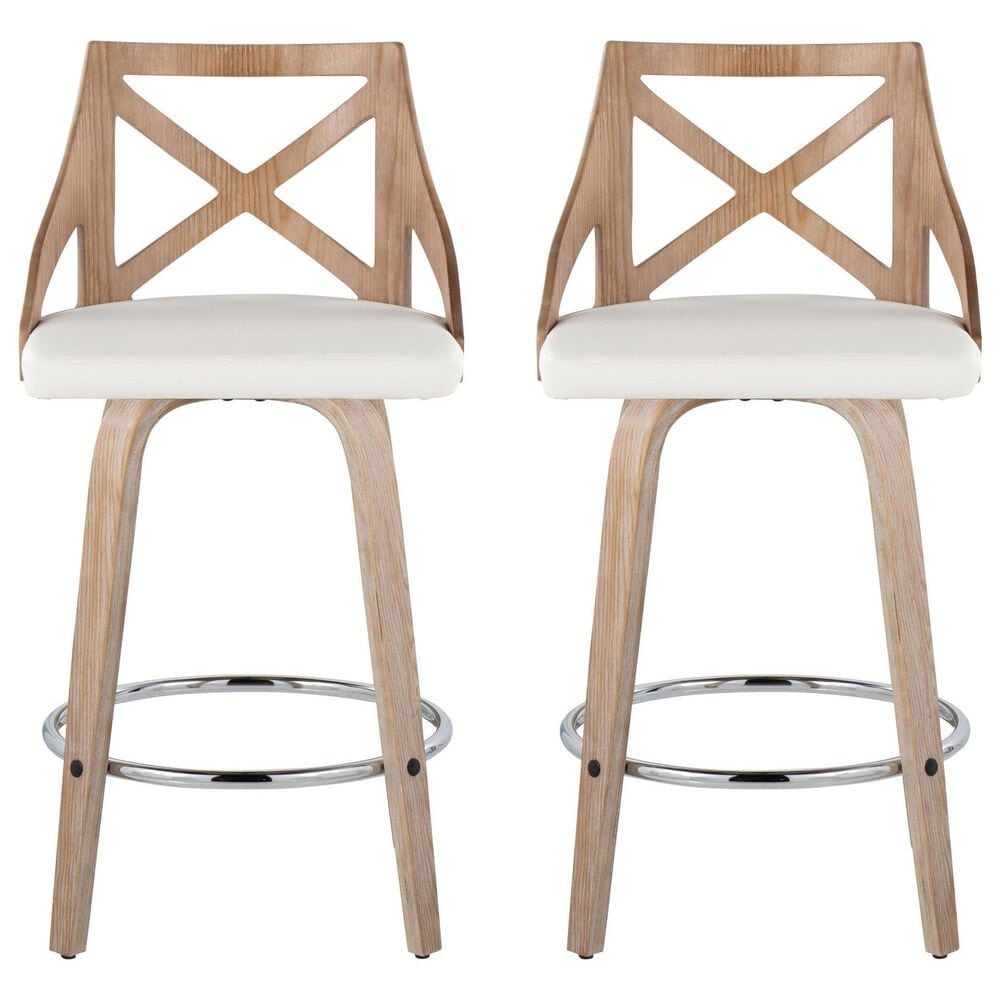 LumiSource Charlotte Swivel Counter Stool with White Faux Leather Upholstery in Whitewashed and Chrome (Set of 2), , large