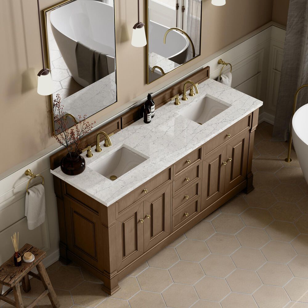 James Martin Vanities Brookfield 72&quot; Double Bathroom Vanity in Pecan with 3cm Eternal Jasmine Pearl Quartz Top and Rectangular Sinks, , large