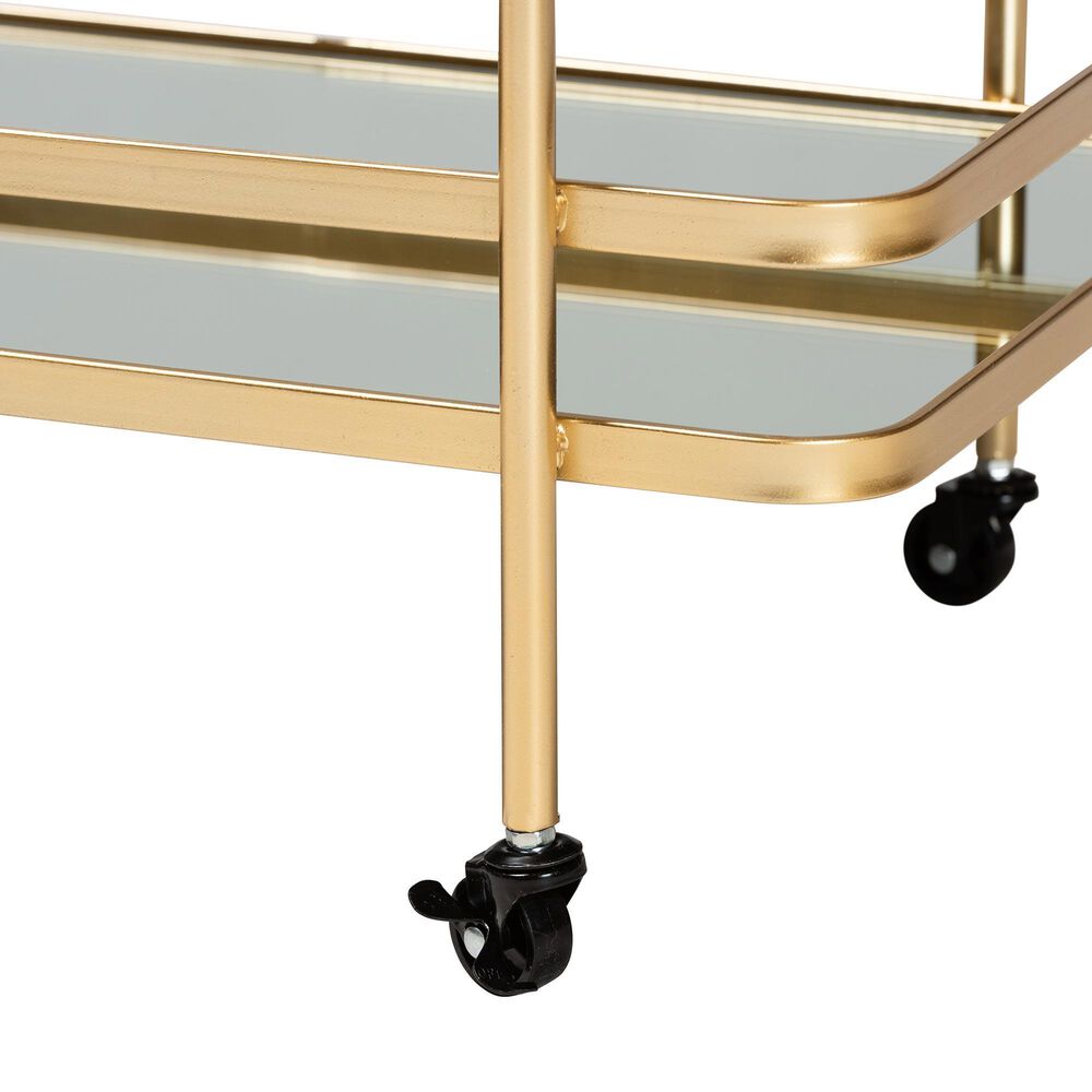 Baxton Studio Destin 2-Tier Mobile Wine Bar Cart in Brushed Gold and Clear, , large