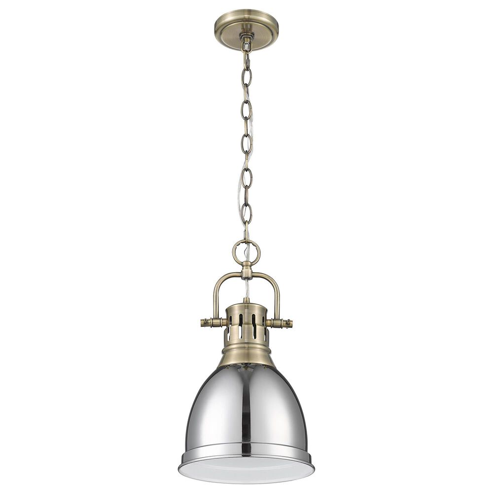 Golden Lighting Duncan 1-Light Small Pendant with Chain and Chrome Shade in Aged Brass, , large
