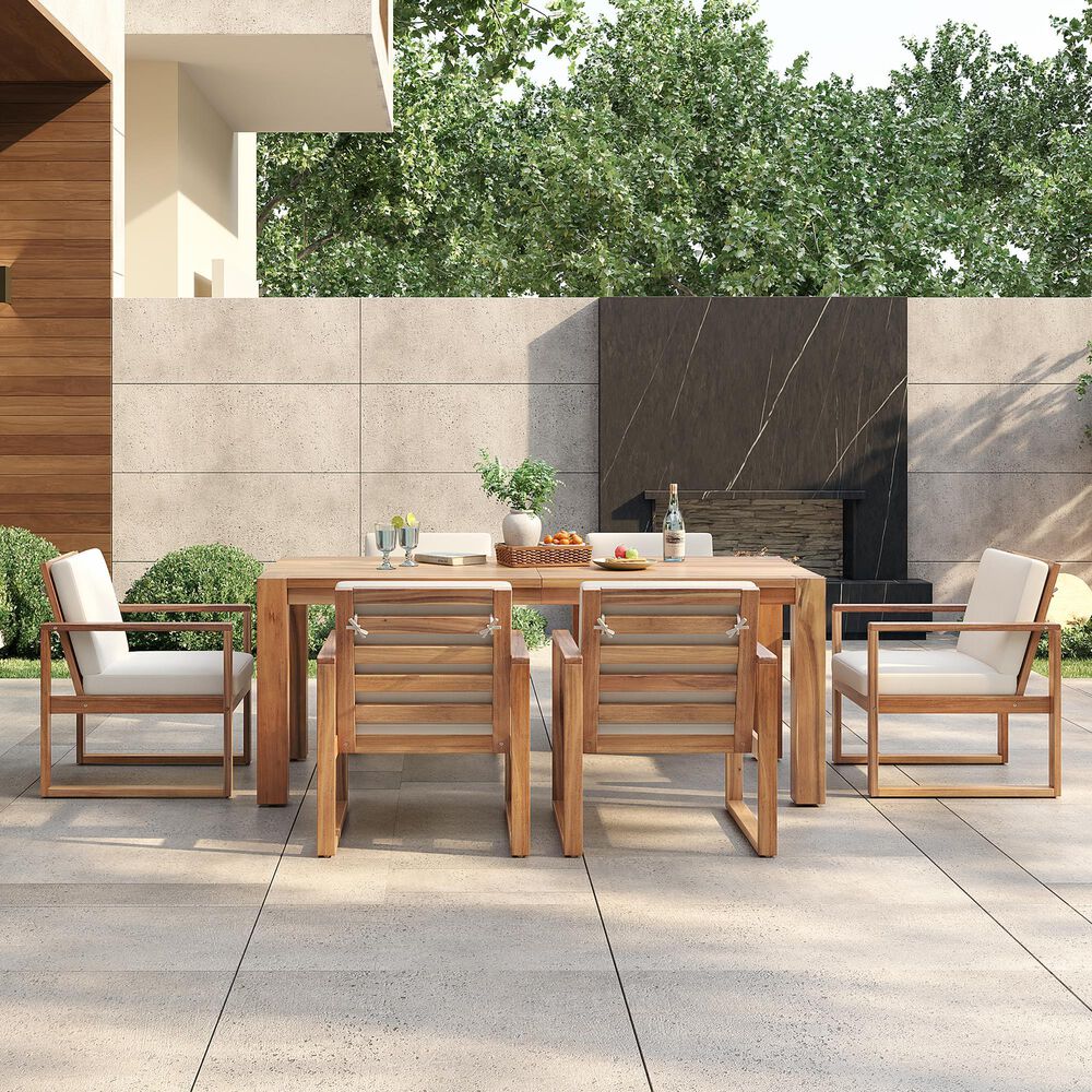 HOMLUX 7-Piece Patio Dining Set with 69" Rectangular Light Teak Table and Umbrella Hole in Beige, , large