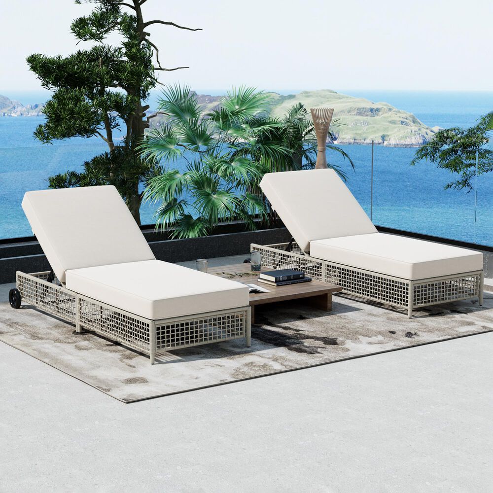 HOMLUX Adjustable Outdoor Chaise Lounge with Wheels and Creamy White Rattan in Beige (Set of 2), , large