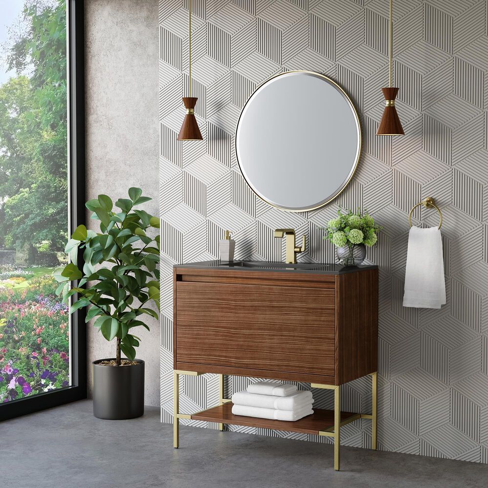 James Martin Vanities Mantova 35.4&quot; Single Vanity in Mid-Century Walnut and Champagne Brass with 3 cm Charcoal Black Composite Stone Top and Rectangular Sink, , large