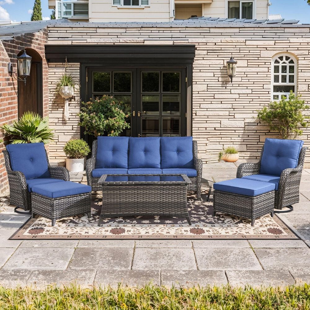 Sunwell Garden Outdoor Sofa with Gray Rattan in Navy, , large