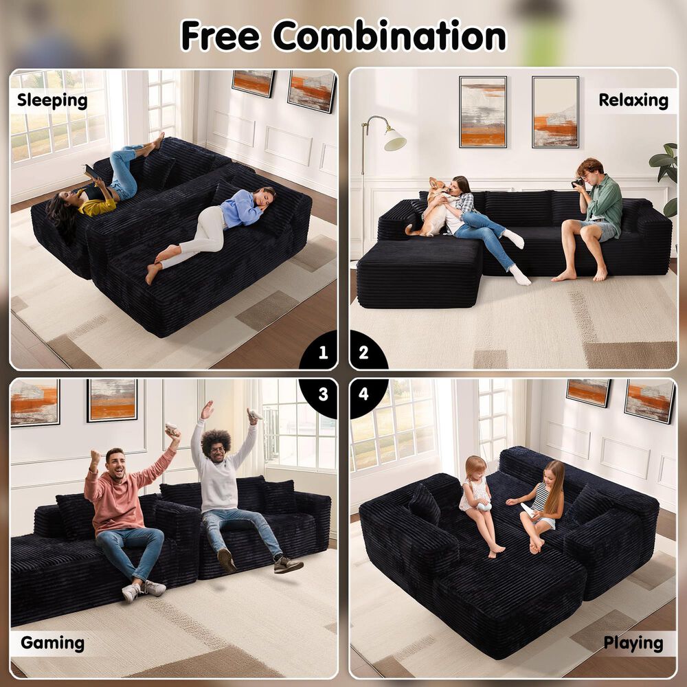 HOMLUX 104" Cloud Sectional Couch Upholstered Modular Sofa with Left L-Shape Chaise, Corduroy Fabric in Black, , large