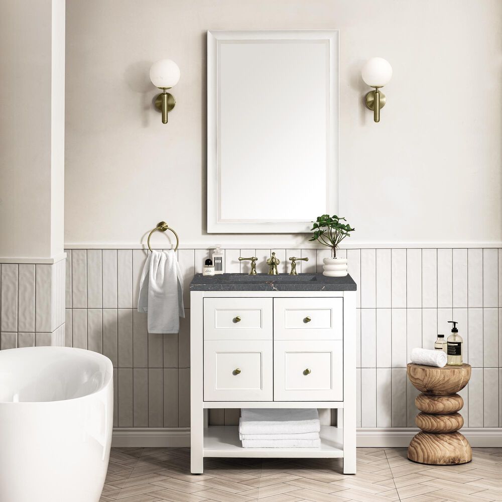 James Martin Vanities Breckenridge 30&quot; Single Bathroom Vanity in Bright White with 3 cm Parisien Bleu Quartz Top and Rectangular Sink, , large