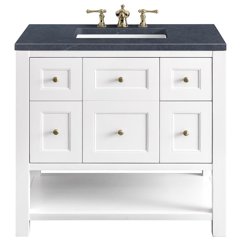 James Martin Vanities Breckenridge 36" Single Bathroom Vanity in Bright White with 3 cm Charcoal Soapstone Quartz Top and Rectangular Sink, , large