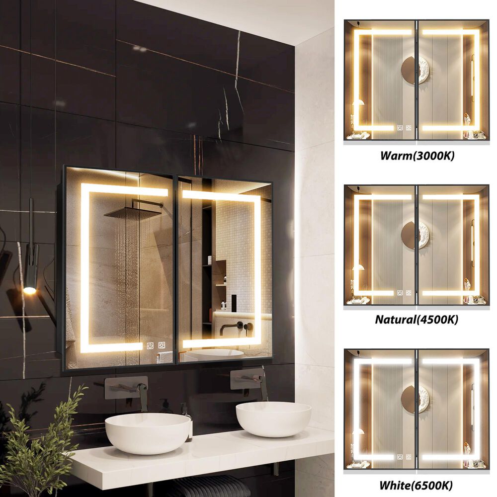 HOMLUX 40" x 32" Bathroom Medicine Cabinet with Mirror in Black, , large