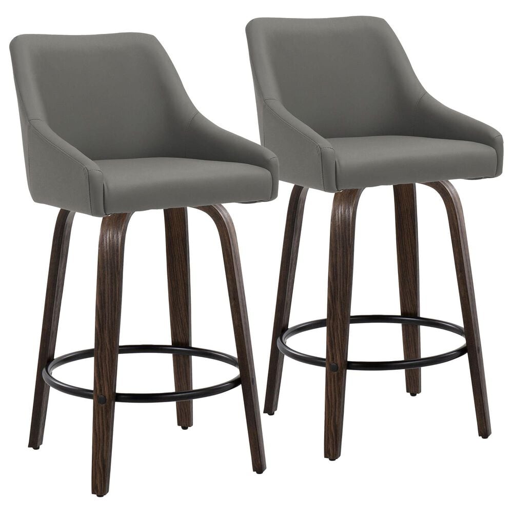 LumiSource Hannah Swivel Counter Stool with Dark Grey Faux Leather Upholstery in Walnut and Black (Set of 2), , large