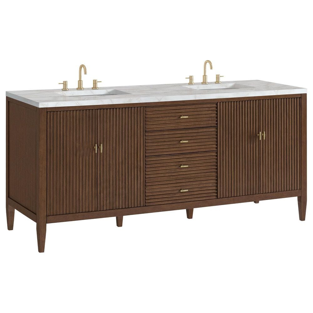 James Martin Vanities Myrrin 72" Double Bathroom Vanity in Mid-Century Walnut with 3 cm Eternal Jasmine Pearl Silestone Top, Rectangular Sinks and FreePower Wireless Charger, , large
