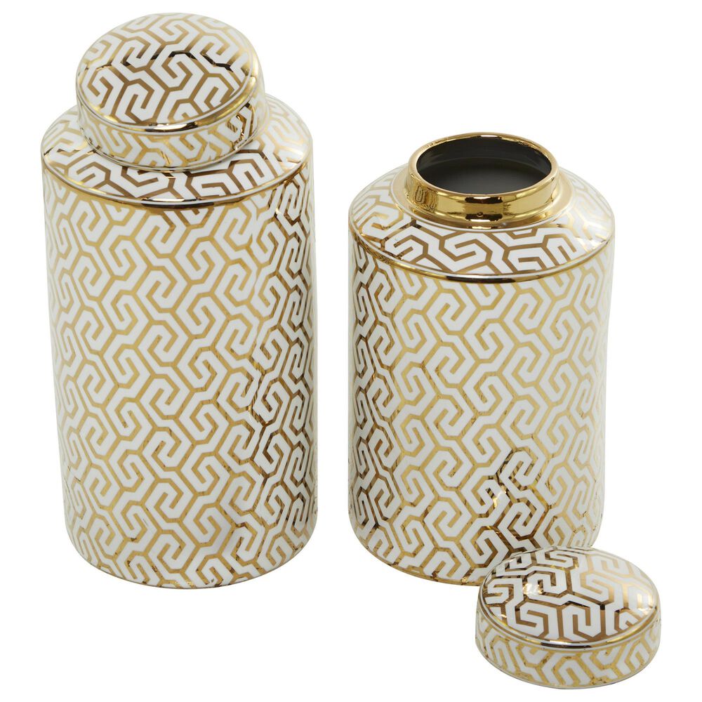 Maple and Jade 2-Piece Jar Set with Geometric Accents in Glossy Gold and White, , large