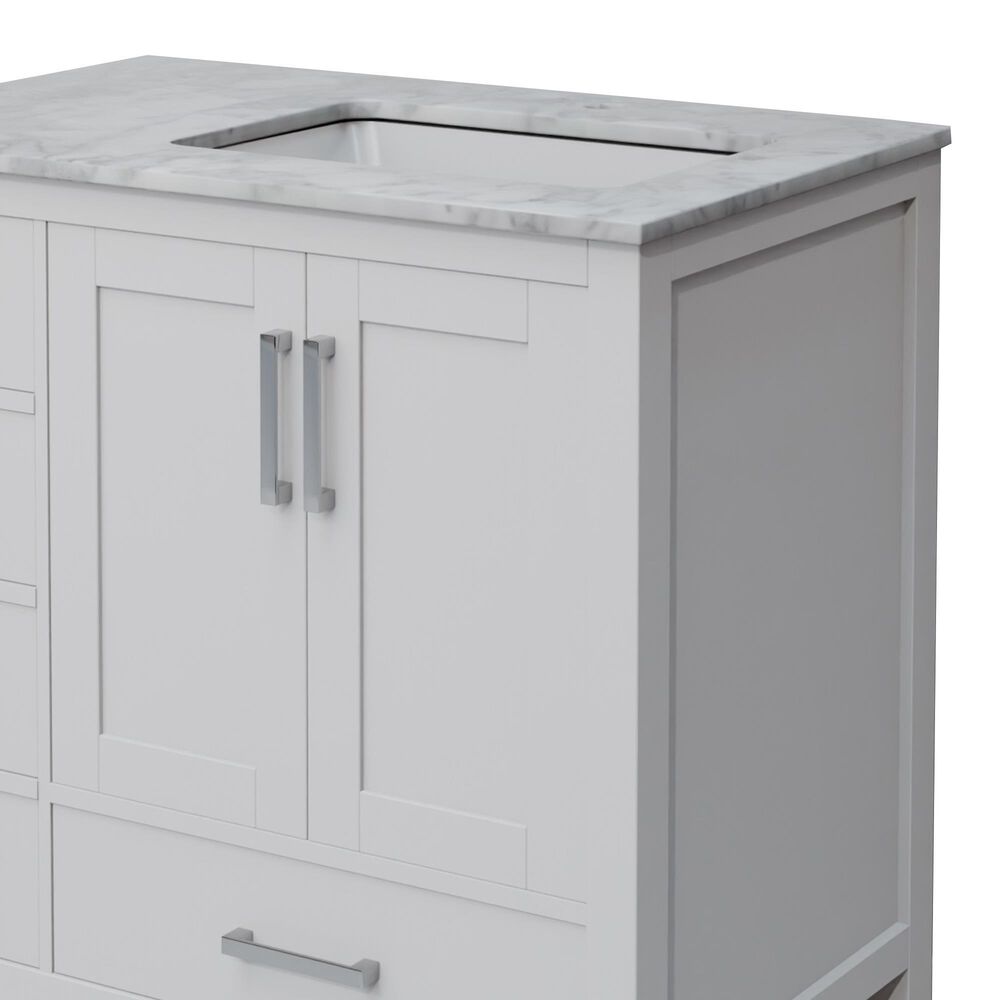 Lexora Home Jacques 36&quot; Right Offset Single Bathroom Vanity in White with 2 cm White Carrara Marble Top and Rectangular Sink, , large