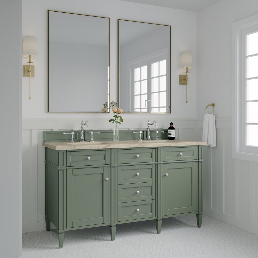 James Martin Brittany 60" Double Bathroom Vanity in Smokey Celadon with 3 cm Tajnar Eclos Top and Rectangular Sinks, , large